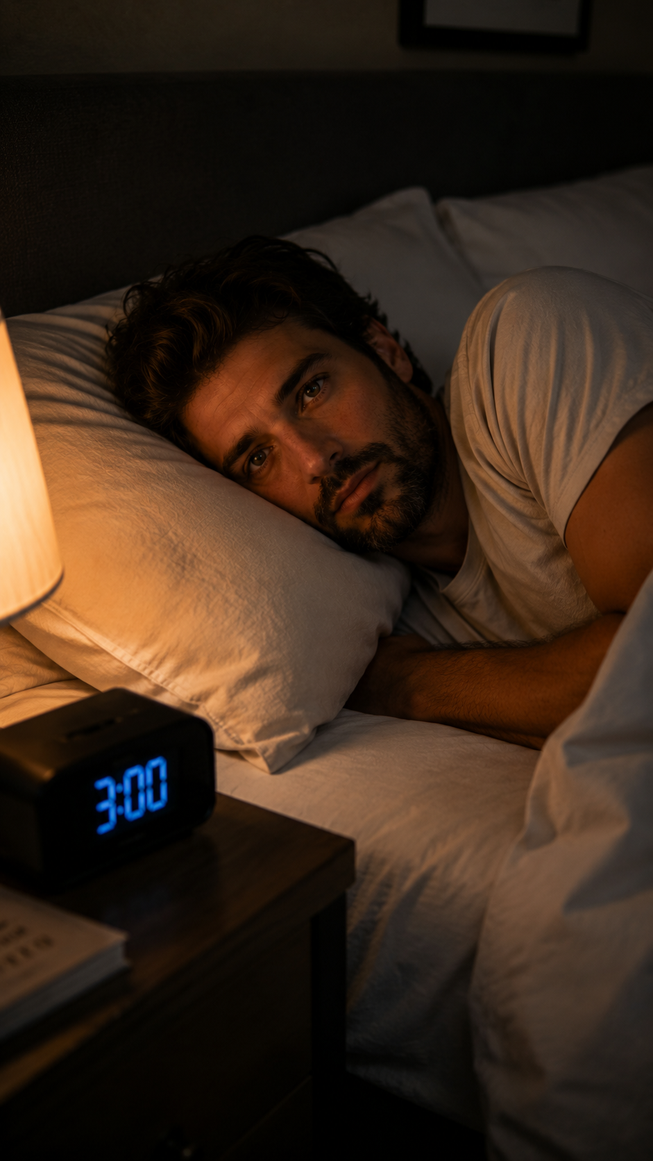 Homme allongé dans le noir, yeux ouverts à 3h du matin